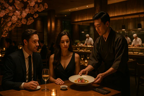 A chef presents an appetizer to a man and woman seated at a table in a dimly lit, upscale Japanese restaurant with cherry blossom decor.