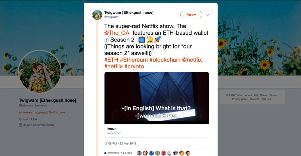 Twitter screenshot ETH wallet on the Netflix OA show