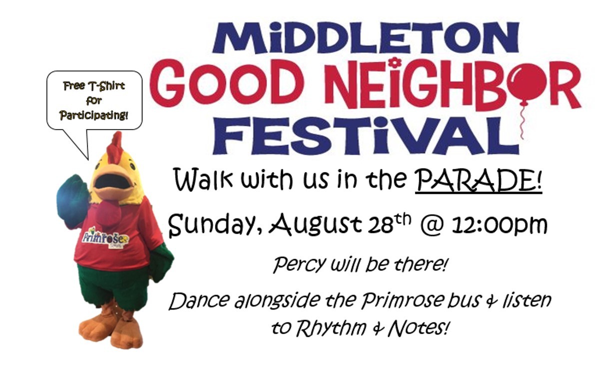 Middleton good neighbor festival poster inviting everyone to participate, featuring Percy the chicken mascot