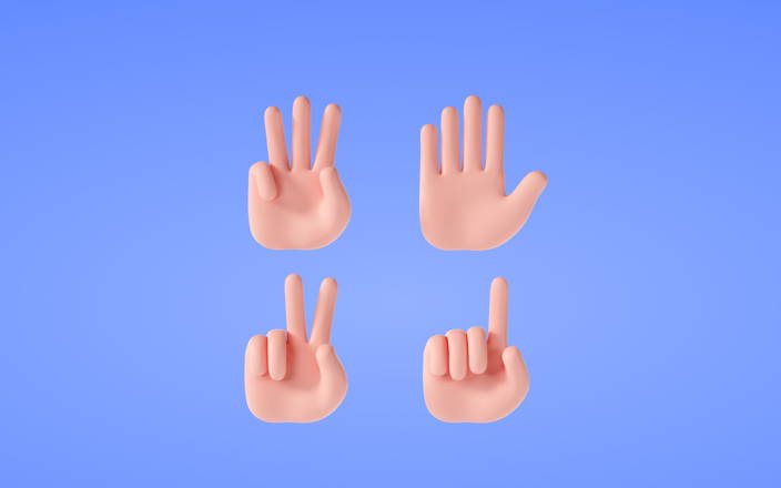 4 hands holding up various fingers for Confetti's Virtual Online Sign Language Classes