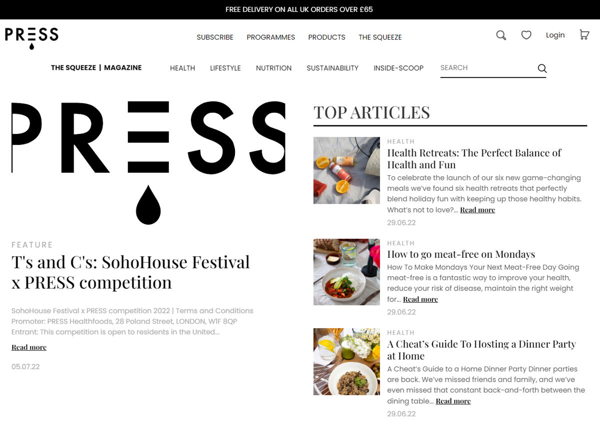 Screenshot of The Squeeze Magazine by PRESS Healthfoods, from the shopify blog examples collection.
