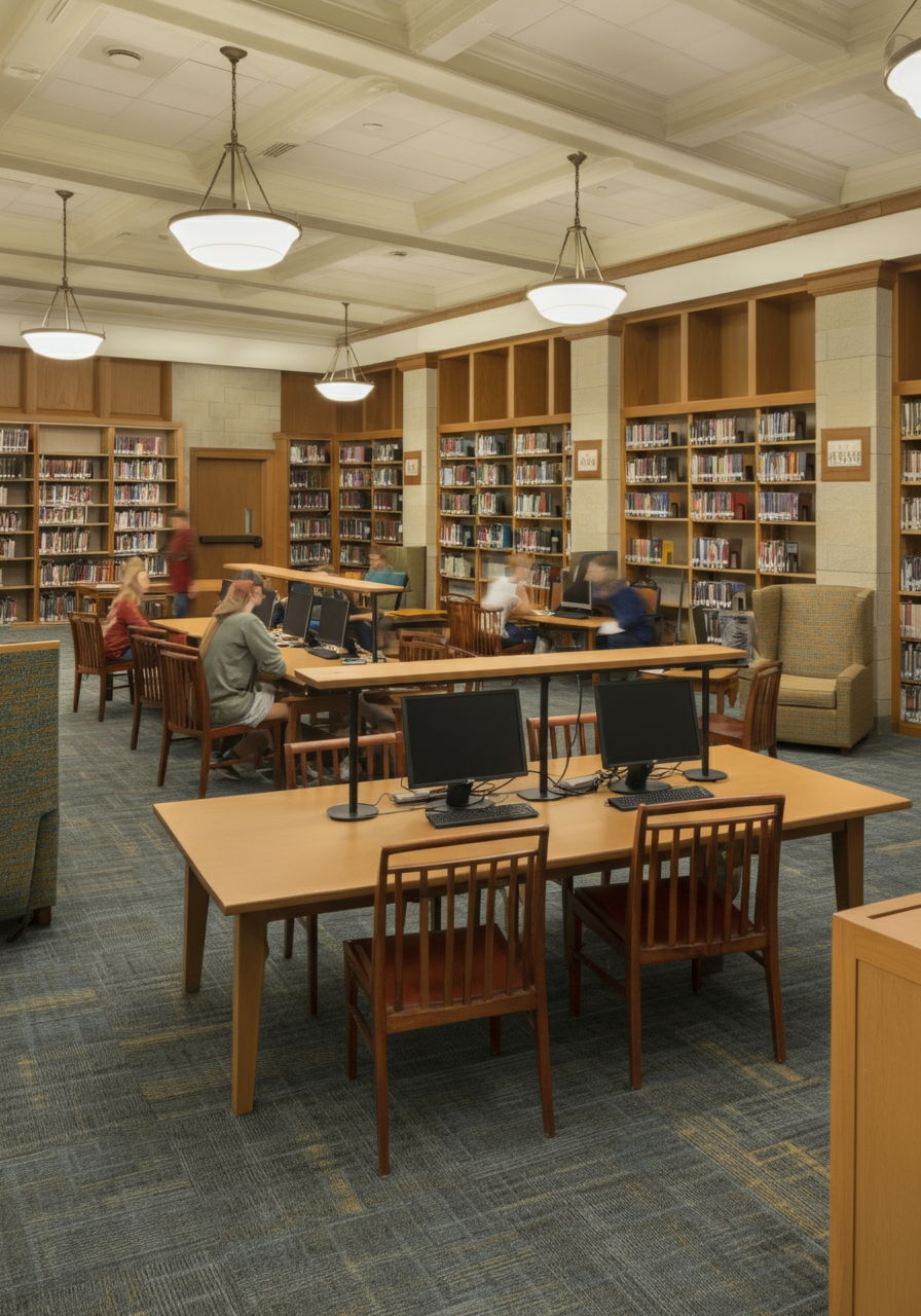 The impressive library at a Gold Coast private school featuring floor-to-ceiling bookshelves, comfortable study areas, and modern computer stations. Large tables accommodate group work while individual carrels provide quiet study space, demonstrating the exceptional educational resources available to families in these premier neighborhoods.