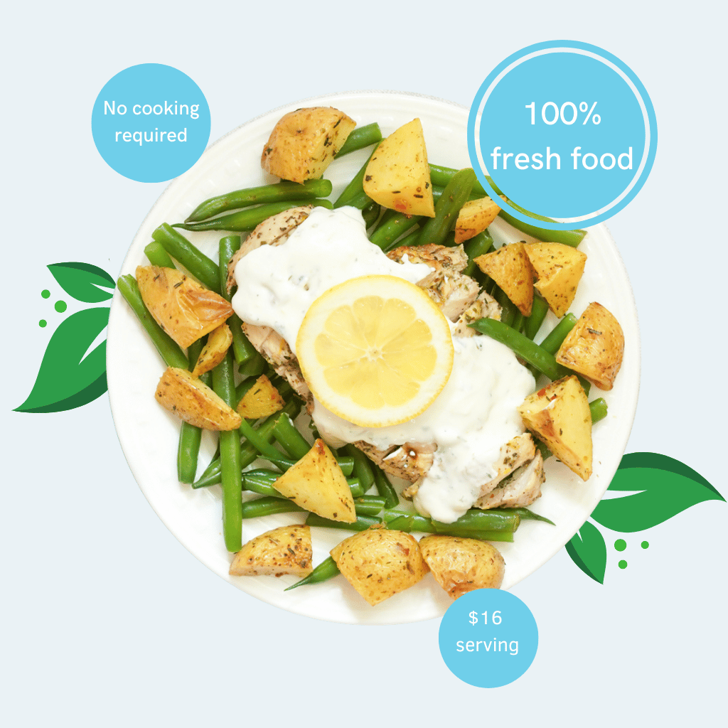 Fresh prepared meal on a plate, with chicken, potatoes, green beans, and a slice of lemon