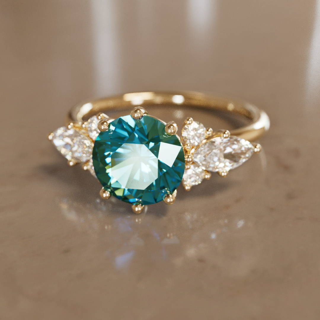 round Cut Teal Sapphire and Diamond fantasy Engagement Ring 