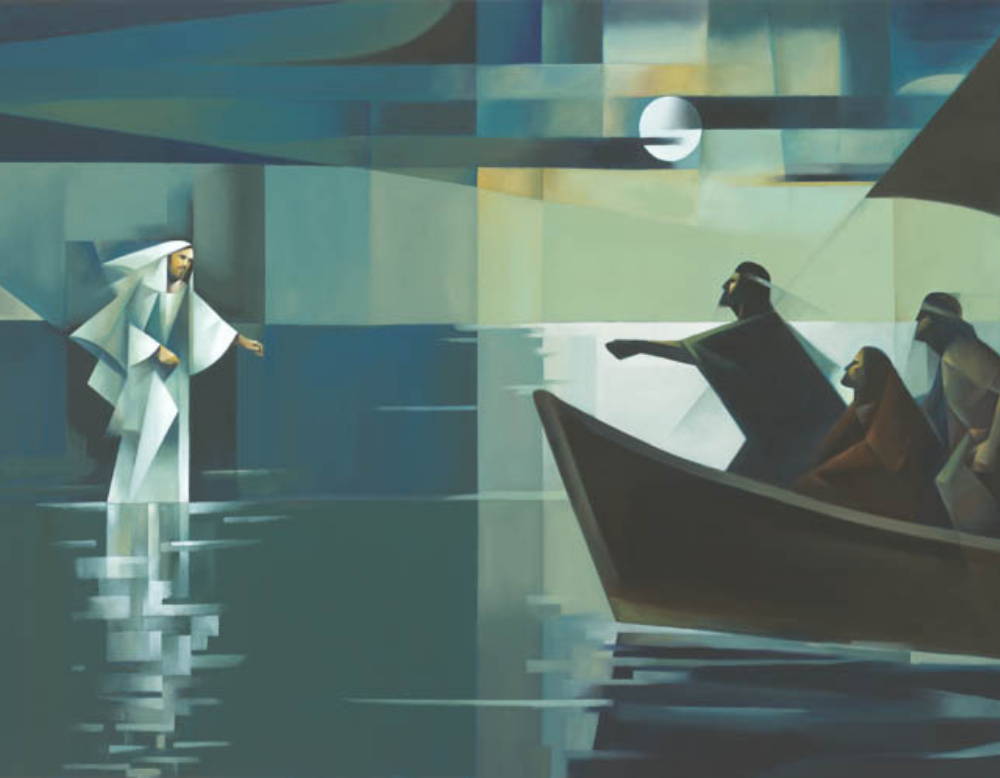 Geoemtric painting of Jesus walking on water toward the disciple's boat.