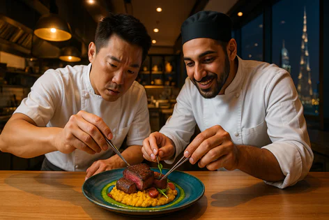 Two chefs meticulously plate a gourmet steak dish using tweezers. The dish sits on a blue plate with yellow risotto and tomatoes, set against a restaurant kitchen and Dubai skyline at night.