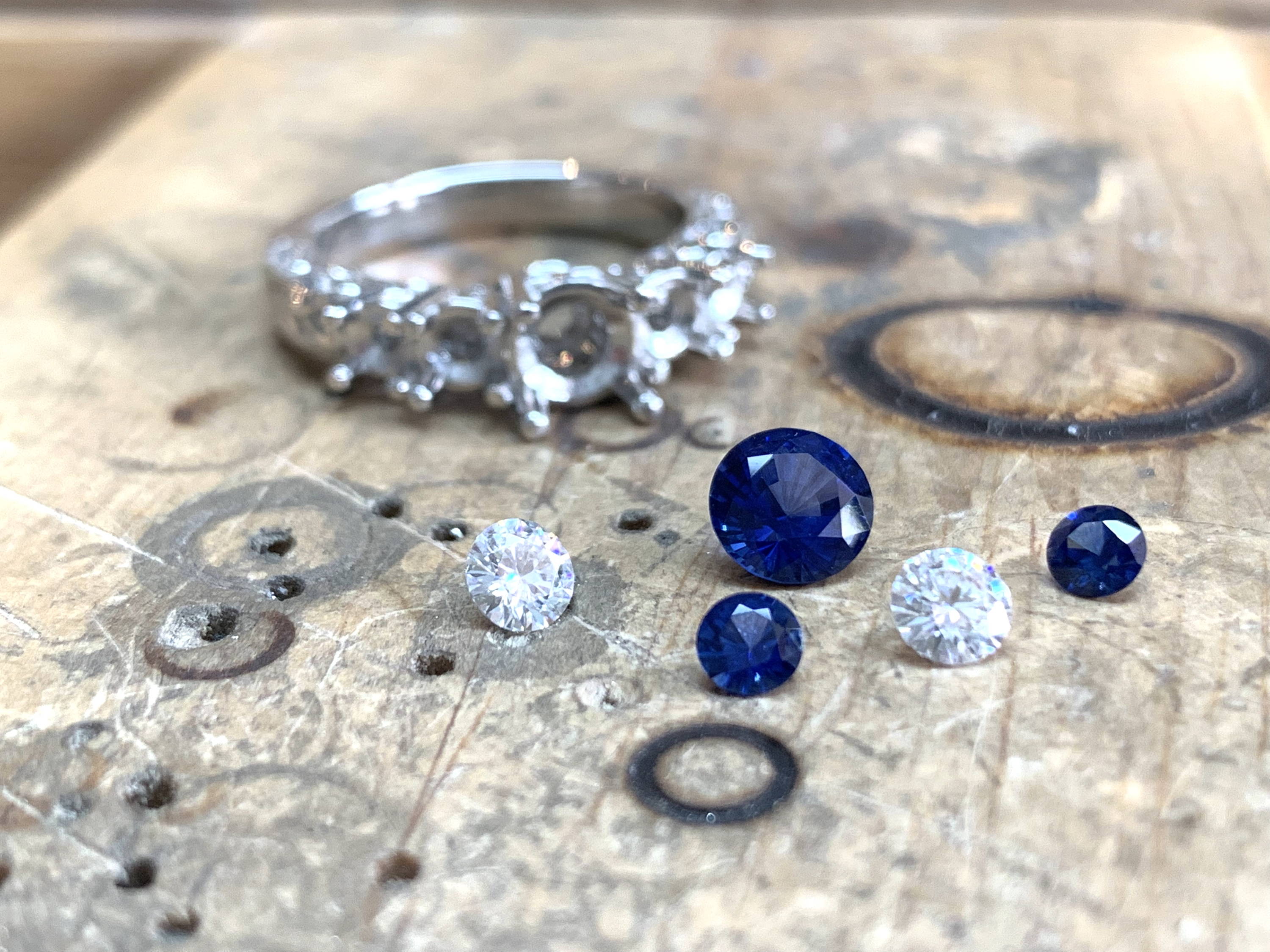 Sapphire and Moissanite Ring in process