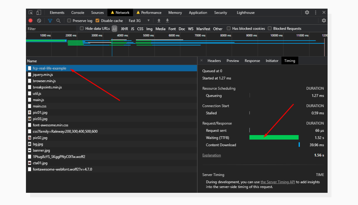 The Timing section inside the Network tab is where we can get expanded info about the initial request. Chrome DevTools Network tab that demonstrates Time to First Byte
