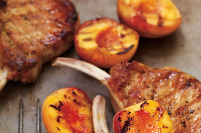 Grilled Pork Chops with Herbed Cheese and Grilled Peaches