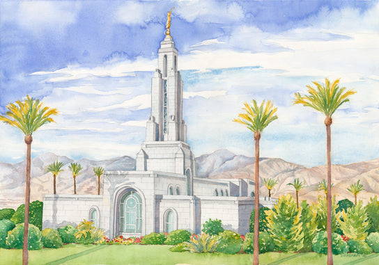 Redland Temple painting. Palm trees are surrounding it.