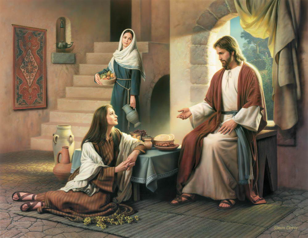 Painting of Jesus speaking with Mary and Martha. Mary is seated on the floor while Martha watches on, carrying food and drink.