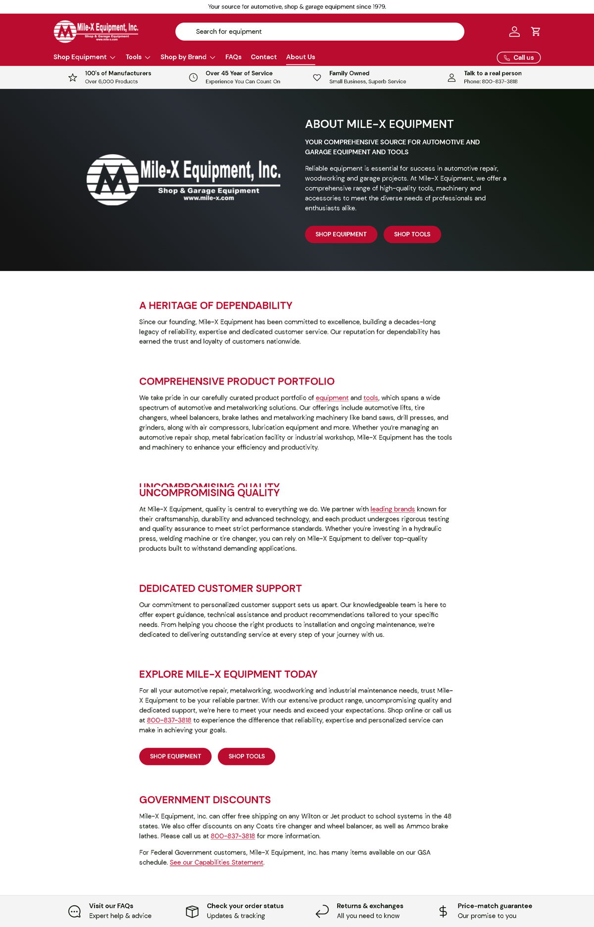 Screenshot of Mile-X Equipment, from the about us page examples collection.
