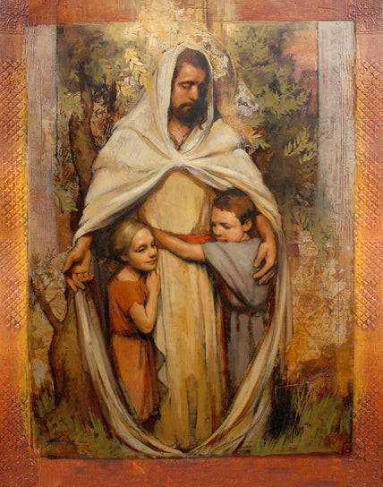 Two children embracing Christ.