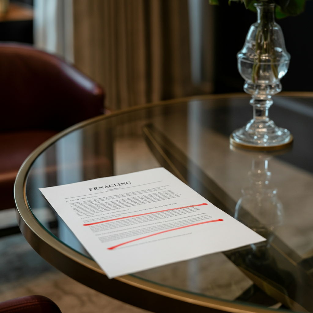 A financing contingency page from a Chicago Association of Realtors contract, displayed on a glass desk in a Gold Coast high-rise. The document shows specific language about mortgage approval timelines and requirements. Building-specific lending restrictions are circled in red, highlighting unique challenges for older buildings with pending assessments.