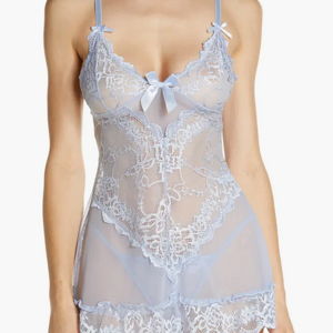 Oh La La Cheri Valentine Soft Cup Babydoll Chemise & G-String Thong in Brunnera Blue, Size L