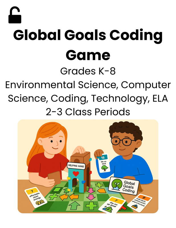 Students playing a hands-on Global Goals coding game using cards arrows and a 3D model to learn algorithms environmental science and problem solving through real-world, STEM, sustainability challenges.