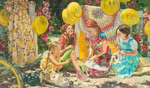 Colorful painting of three girls helping a friend with a skinned knee. 