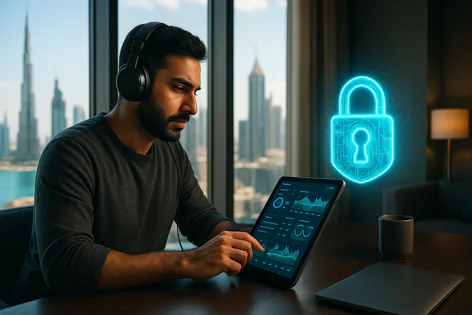 A man with headphones uses a tablet showing data analysis in an office with a city view. A glowing blue security lock symbolizes cyber protection.