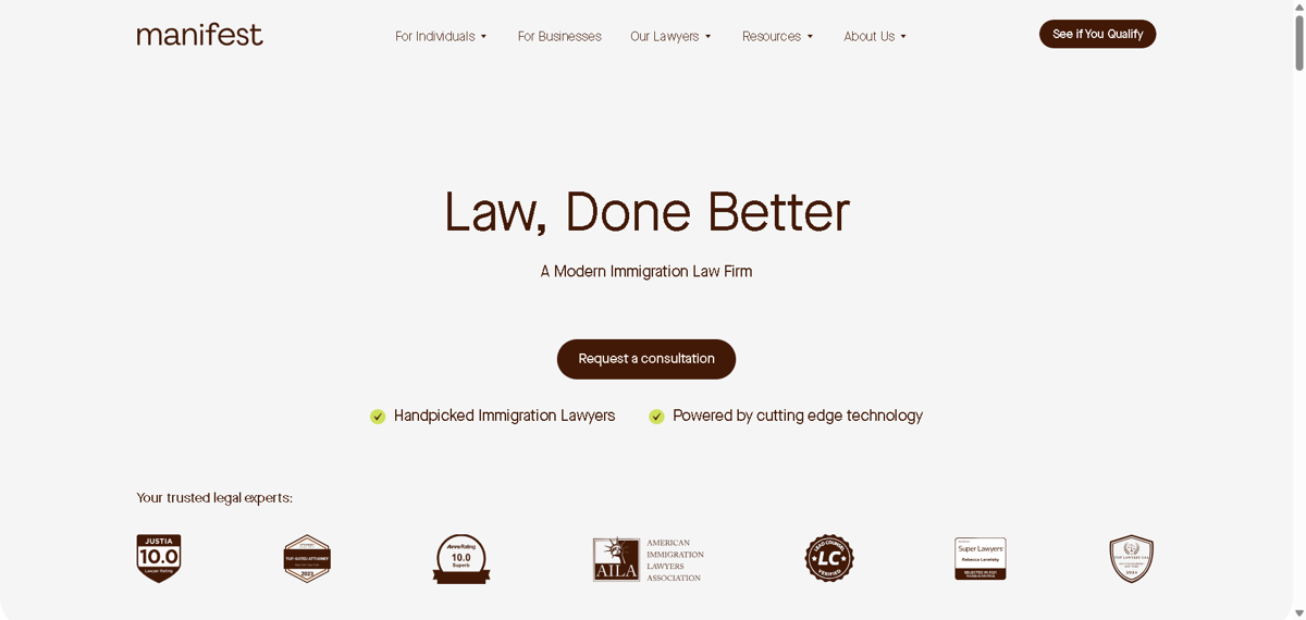 Screenshot of Manifest Law, from the law firm websites collection.