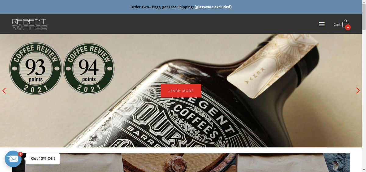Screenshot of Regent Coffee, from the cafe & coffee shop websites collection.