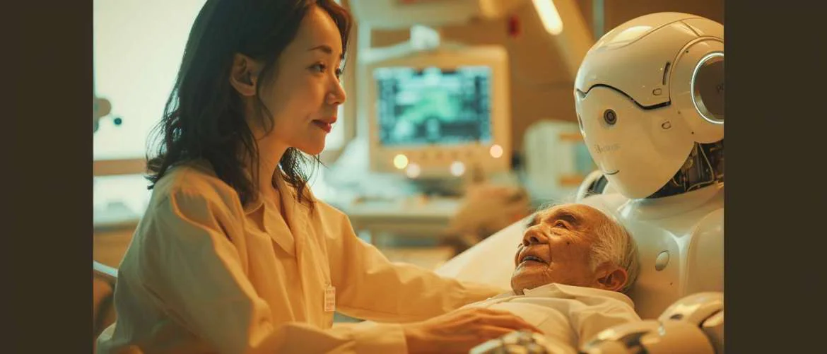 Robear robot assisting an elderly patient with a human nurse nearby.