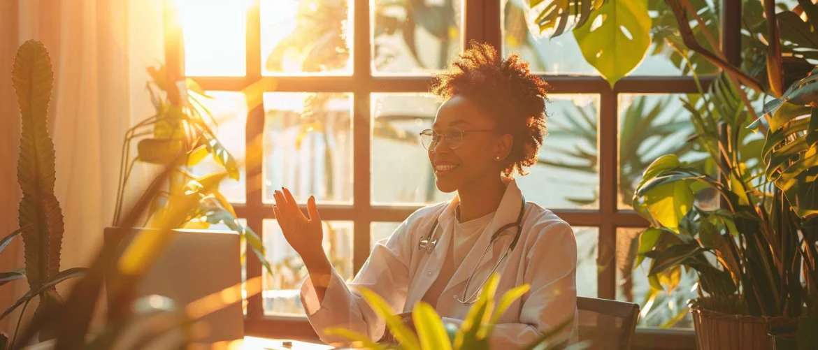 Travel nurse conducting a telehealth session from a cozy, sunlit room.