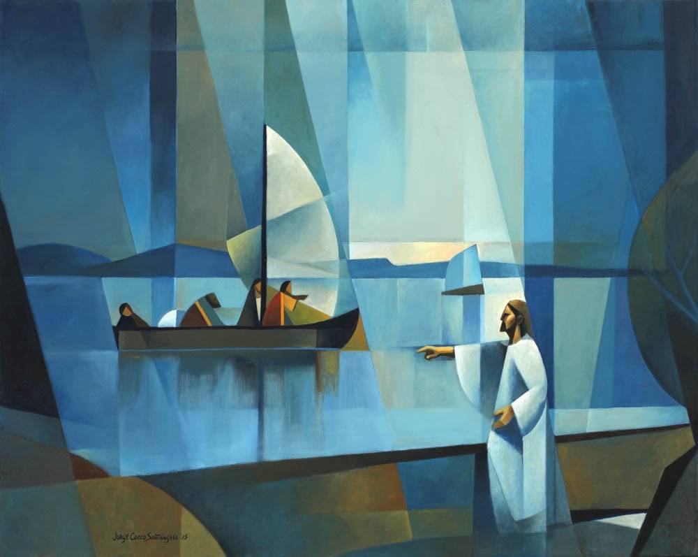 Modern lds painting of Jesus on the seashore beckoning to the apostles.
