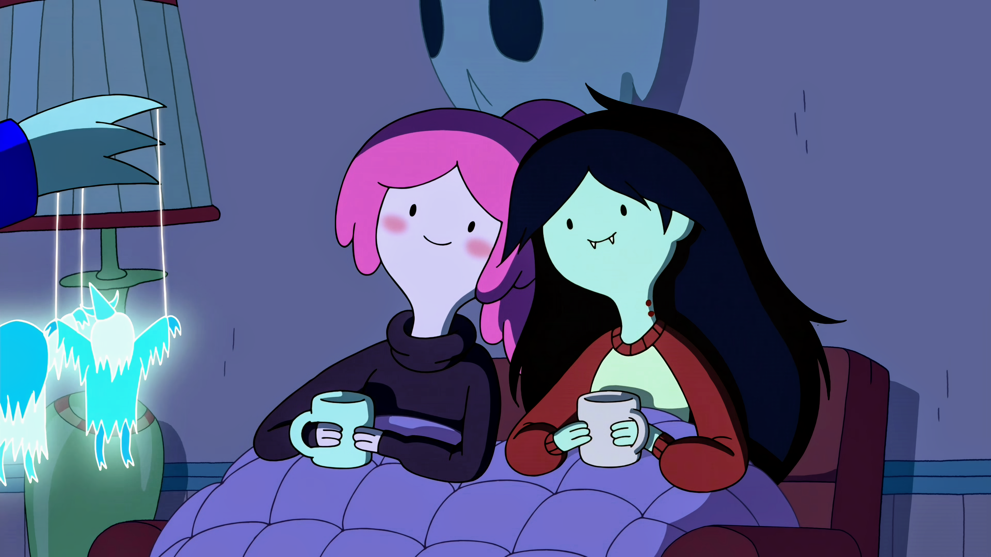 Princess Bubblegum and Marceline the Vampire Queen cuddling in bed with a mug each.