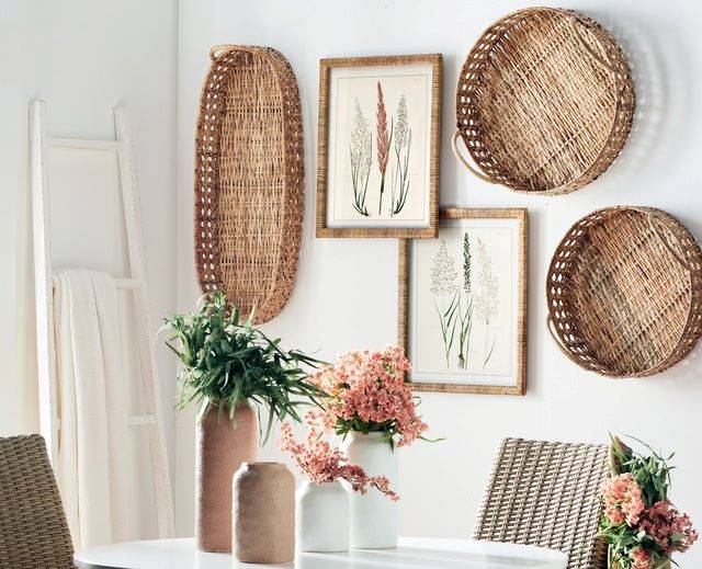 Transitional Home Decor with Woven Baskets and Coral Flowers