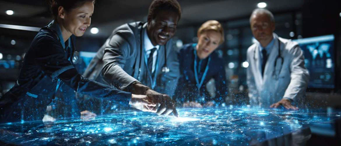 Healthcare leaders collaborate around glowing holographic staffing data in futuristic hospital.
