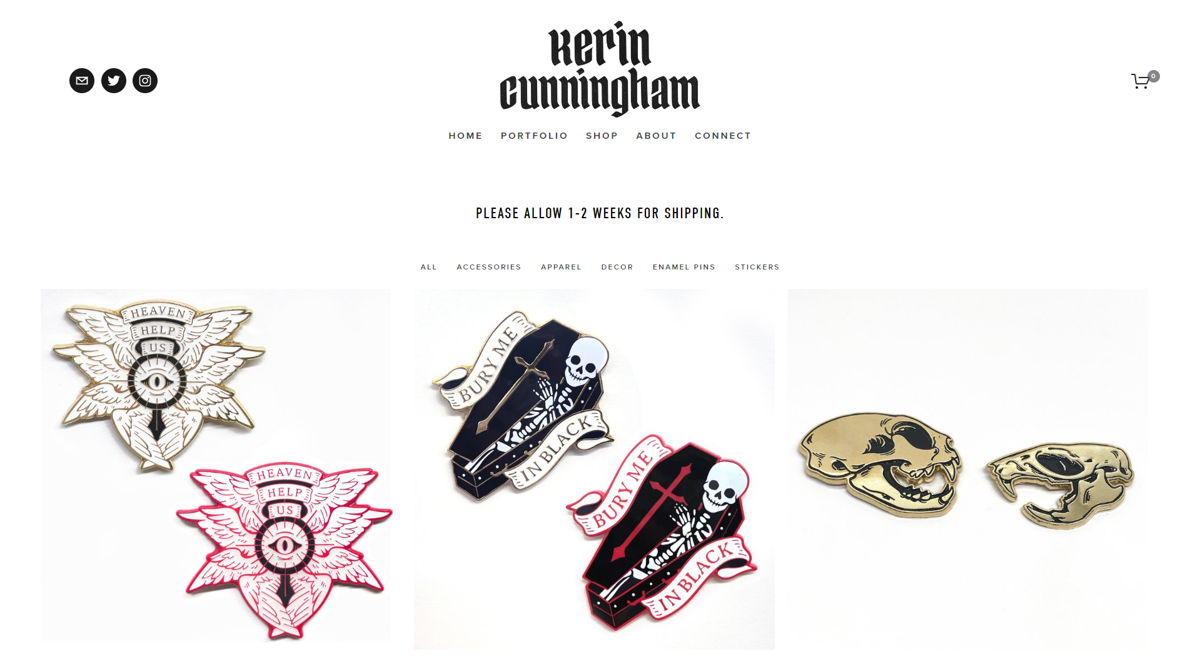 Screenshot of Kerin Cunningham, from the squarespace ecommerce examples collection.