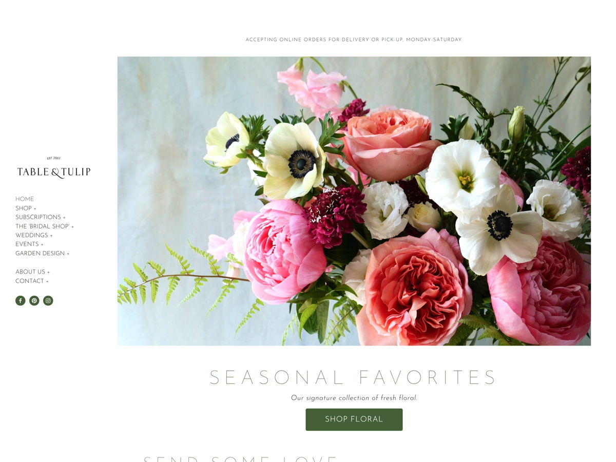 Screenshot of Table & Tulip, from the florist & flower shop websites collection.