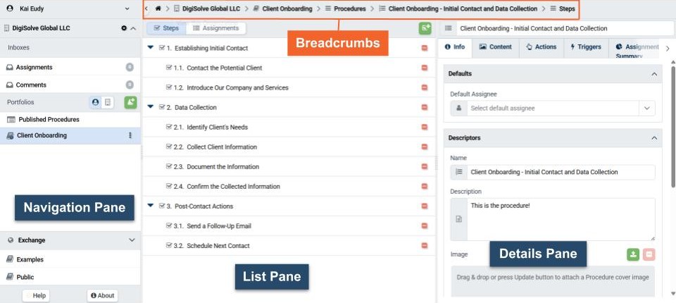 Breadcrumb navigation across the top of the List and Details panes