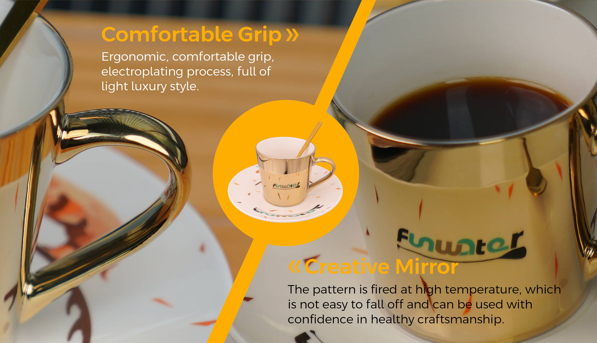 The Funwater Ceramics Cup is equipped with a comfortable grip and the pattern on the surface of cup is no easy to fall off