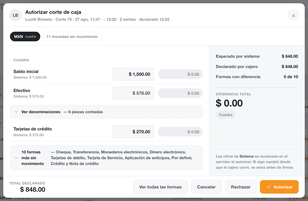 Ventana Autorizar corte de caja con el comparativo por forma de pago entre sistema y cajero