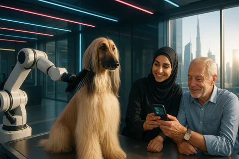 An Afghan Hound dog sits patiently as a robotic arm brushes its long fur, while a woman and man watch a smartphone in a modern room with a city skyline view.