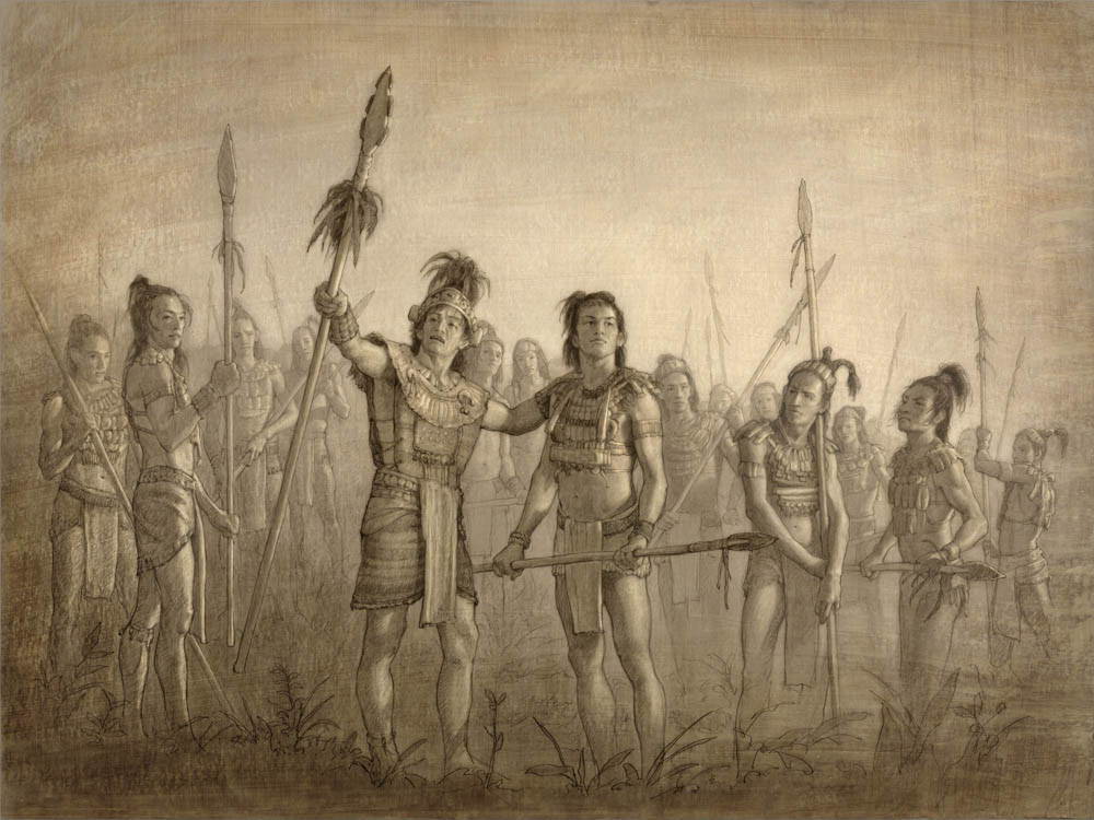 Drawing of the stripling warries standing together in courage.