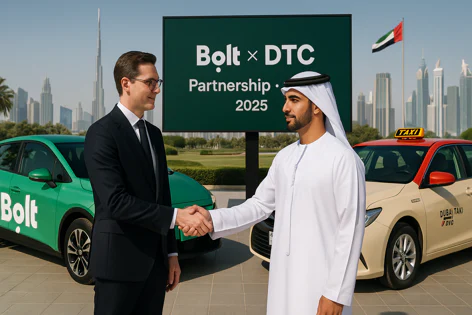 Executives from Bolt and Dubai Taxi Corporation shake hands for their 2025 partnership. A green Bolt car and a beige Dubai Taxi are nearby with the Dubai skyline including the Burj Khalifa.