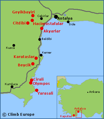 Map of the Rock Climbing areas around Antalya