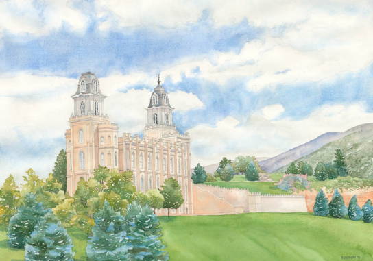 Painting of the Manti Temple on a hill beneath a blue sky. 