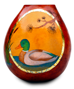 Gourd vase with mallard duck by gourd artist Christy Barajas