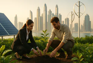 A man and woman plant a small tree in front of solar panels and wind turbines with a modern city skyline in the background, representing urban sustainability efforts.