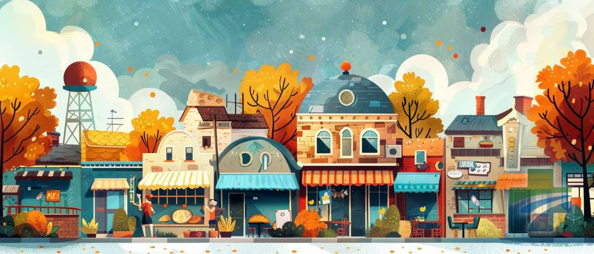 Whimsical small town scene with oversized food items and eateries