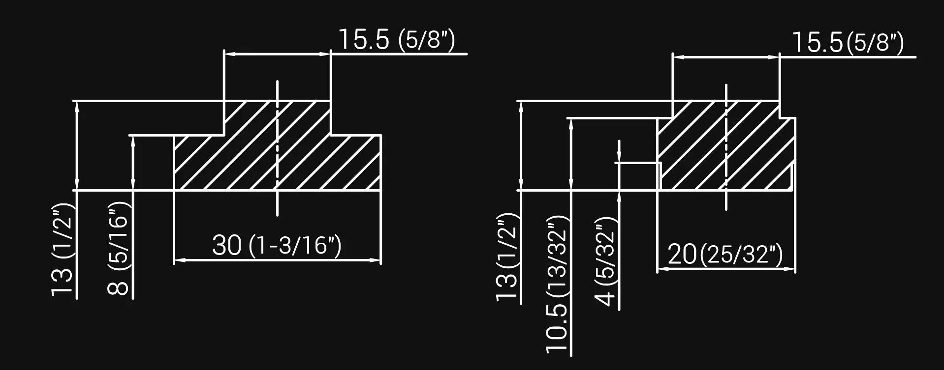 To ensure proper fitment with the Harvey Compass AH 3T Arch Hold Down, compatible T-slot dimensions are as follows, T-Slot Top Width 15.5mm (5/8” in.), T-Slot Height 13mm (1/2” in.), T-Slot Bottom Width (Cross Section 1) 30mm (1-3/16” in.), T-Slot Bottom Width (Cross Section 2) 20mm (25/32” in.)