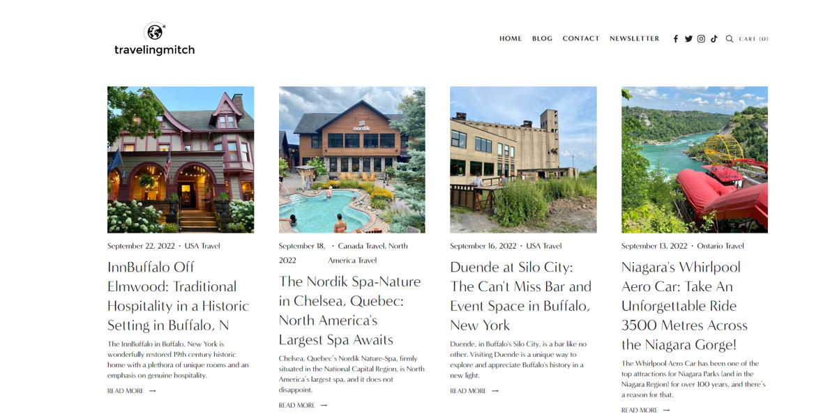 Screenshot of Traveling Mitch, from the squarespace blog examples collection.