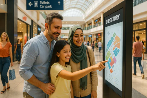 A diverse family, a man, woman in a hijab, and young girl, smiling while looking at a digital directory map in a modern shopping mall. The girl points to a location on the screen.