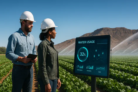 Two farmers in hard hats examine a digital display showing detailed water usage metrics in a fertile field with active irrigation sprinklers.