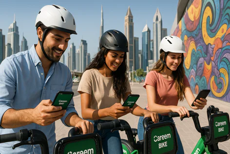 Three smiling people wearing helmets stand with Careem bikes, looking at their phones against a city skyline with tall buildings and a mural.