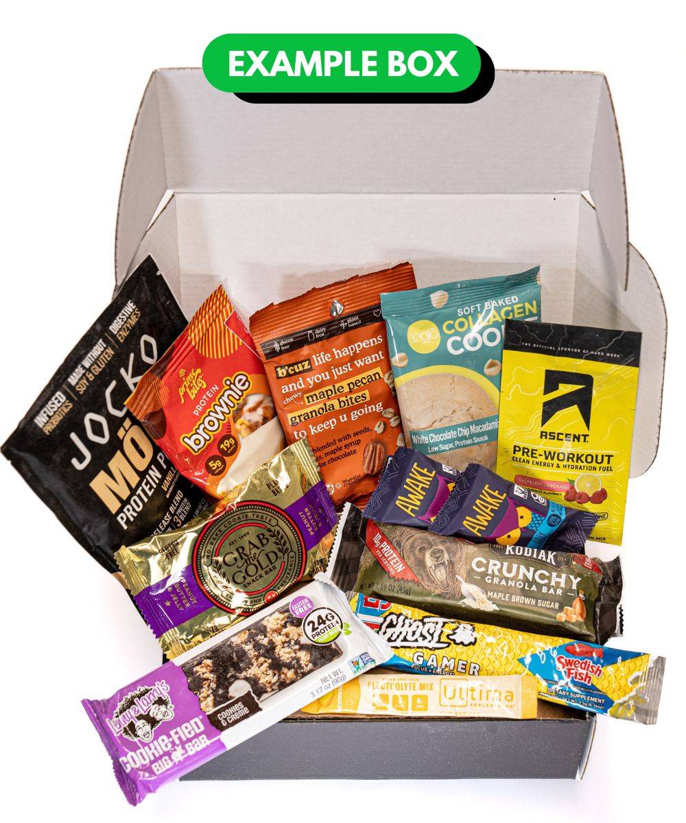 Previous month Snack Box subscription filled with snacks and supplements from Jocko, Lenny and Larry, Kodiak, Ghost, Awake, and more.