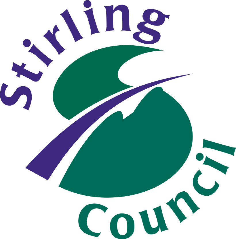Stirling Council logo featuring a stylized green S with a purple swoosh crossing it, surrounded by the words Stirling Council in purple text.